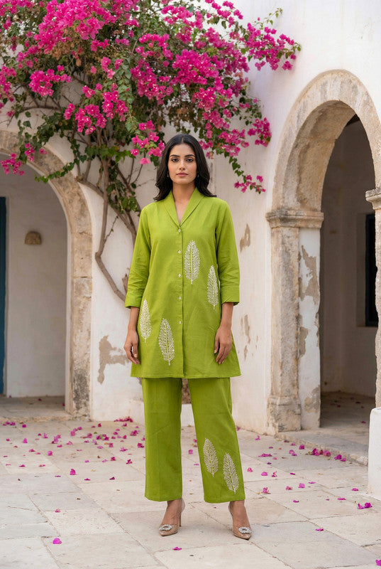 Green Botanical Embroidered Shirt Style Cotton Co-ord Set