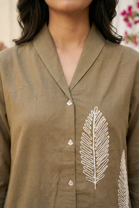 Brown Button-Down Embroidered Shirt Style Cotton Co-ord Set
