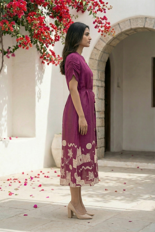 Printed Purple Russian Silk A-Line Dress with Front Buttons & Statement Print Border