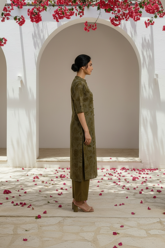 Olive Green Textured Button Kurta Pant Set