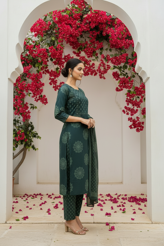Forest Green Ethnic Motif Kurta Pant Set with Dupatta