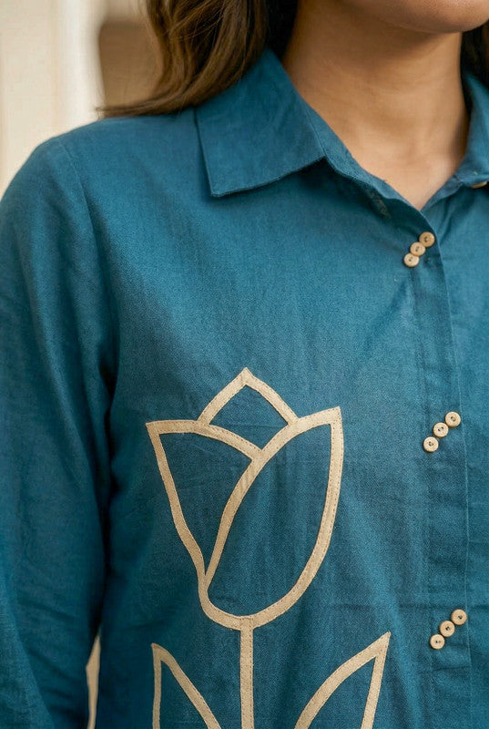 Teal Blue Floral Embroidered Shirt Style Cotton Co-ord Set