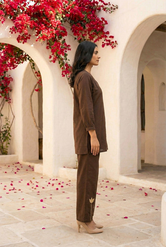 Brown Floral Embroidered Straight Cotton Co-ord Set