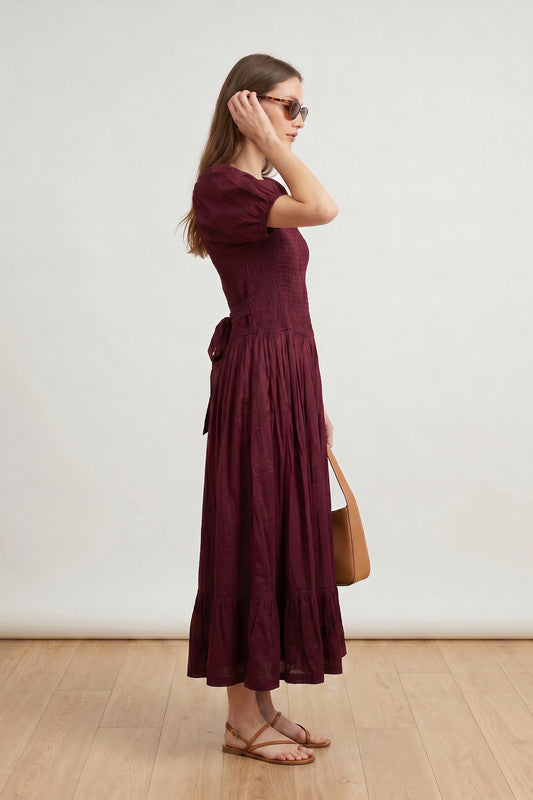 Wine Smocked Bodice Puff Sleeve Square Neck Flowy Solid Russian Silk Dress