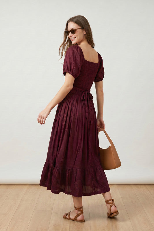 Wine Smocked Bodice Puff Sleeve Square Neck Flowy Solid Russian Silk Dress
