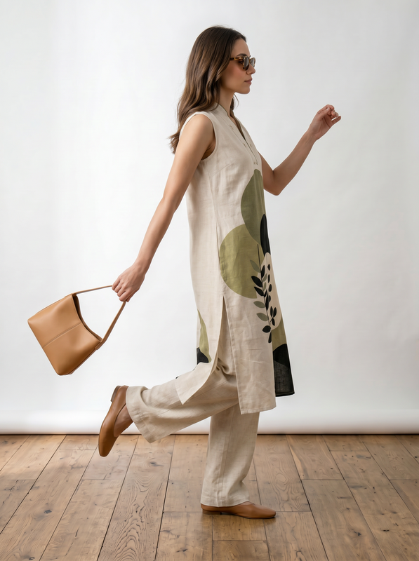 Off White Abstract Botanical Printed Linen Blend Top & Palazzo Cotton Flex Co-ord Set