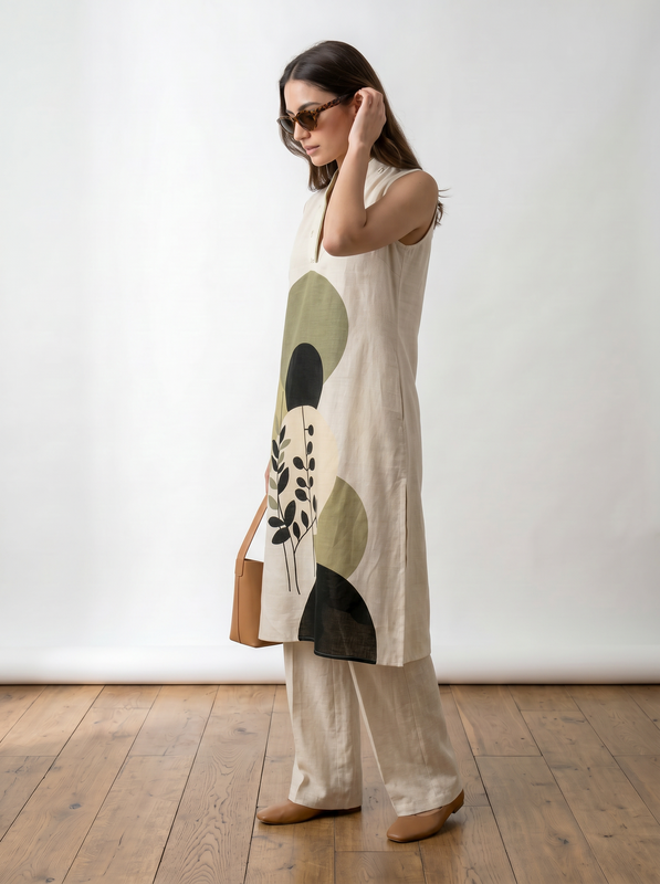 Off White Abstract Botanical Printed Linen Blend Top & Palazzo Cotton Flex Co-ord Set