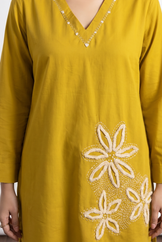 Mustard Floral Appliqué V-Neck Cotton Co-Ord Set