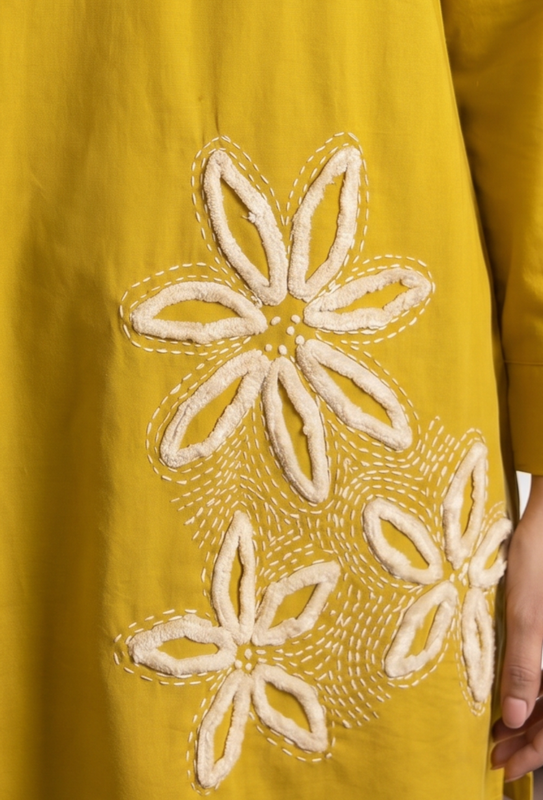 Mustard Floral Appliqué V-Neck Cotton Co-Ord Set