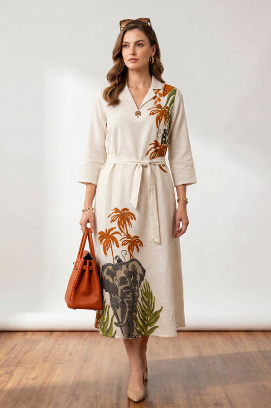 Off-White Elephant & Palm Tree Printed Belted Cotton Flex Midi Dress