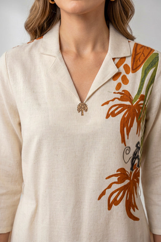 Off-White Elephant & Palm Tree Printed Belted Cotton Flex Midi Dress