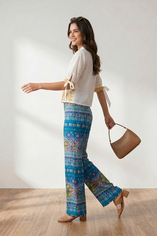 White Heritage Motif Embroidered Shirt & Blue Printed Trouser Co-ord Set