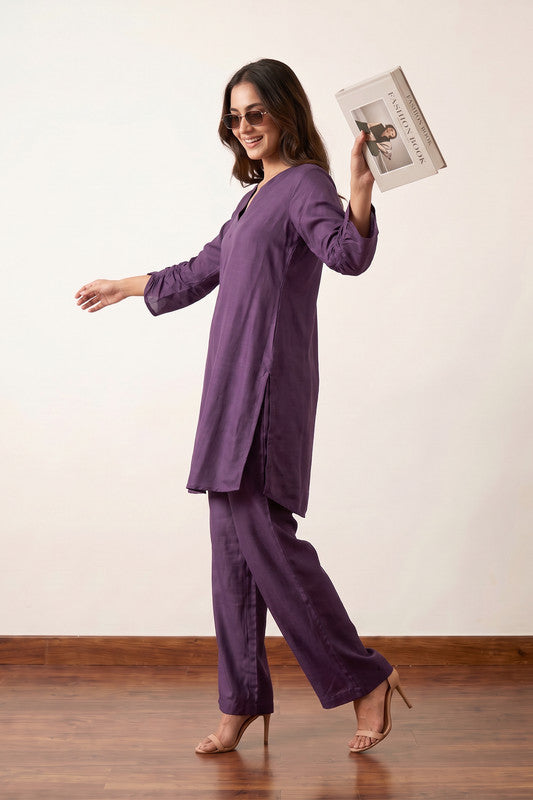 Solid Purple V-Neck Longline Tunic with Straight-Fit Trousers Russian Silk Co-ord Set.