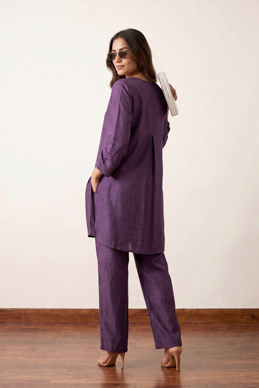 Solid Purple V-Neck Longline Tunic with Straight-Fit Trousers Russian Silk Co-ord Set.
