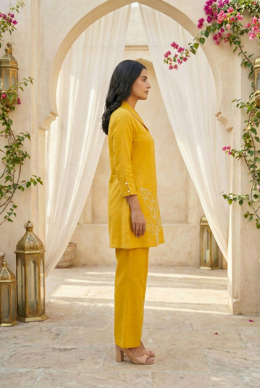 Mustard Yellow Leaf Embroidered Cotton Flex Co-ord Set