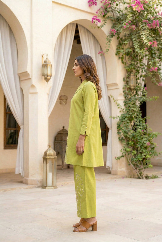 Lime Green Embroidered Straight Cotton Flex Co-ord Set