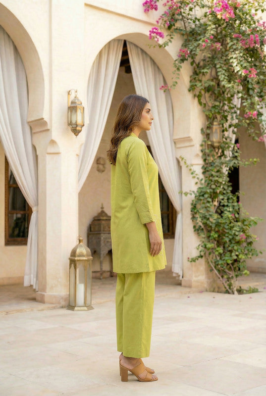 Lime Green Embroidered Straight Cotton Flex Co-ord Set