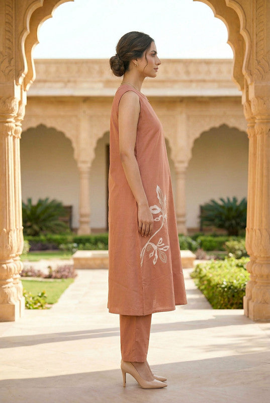 Peach Floral Embroidered Sleeveless Straight Cotton Co-ord Set