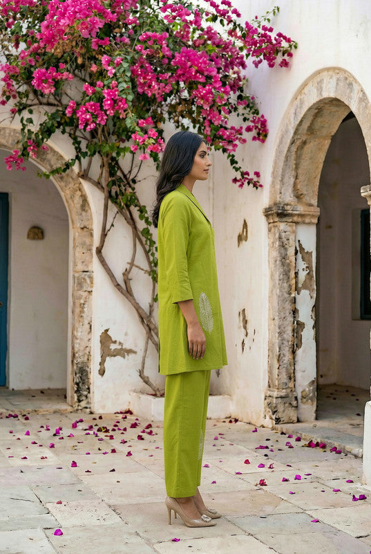 Green Botanical Embroidered Shirt Style Cotton Co-ord Set