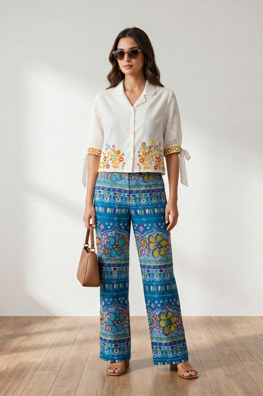 White Heritage Motif Embroidered Shirt & Blue Printed Trouser Co-ord Set