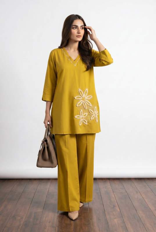 Mustard Floral Appliqué V-Neck Cotton Co-Ord Set