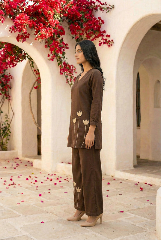 Brown Floral Embroidered Straight Cotton Co-ord Set