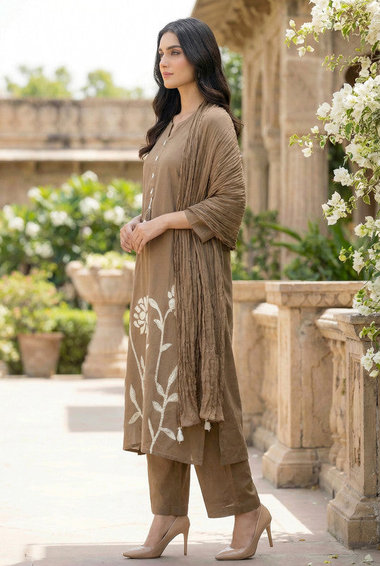 Brown Floral Embroidered Cotton Kurta Pant Set with Dupatta
