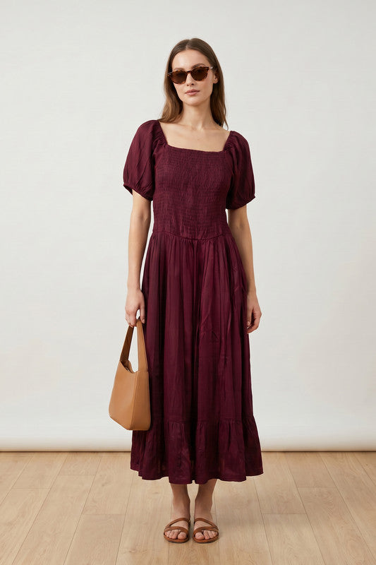 Wine Smocked Bodice Puff Sleeve Square Neck Flowy Solid Russian Silk Dress