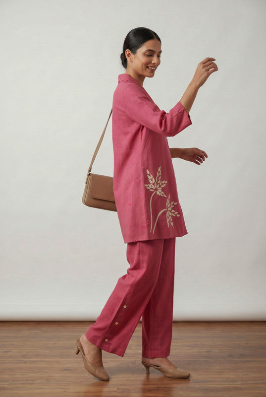 Rose Pink Leaf Embroidery Cotton Flex Co-ord Set with Straight Fit Pants