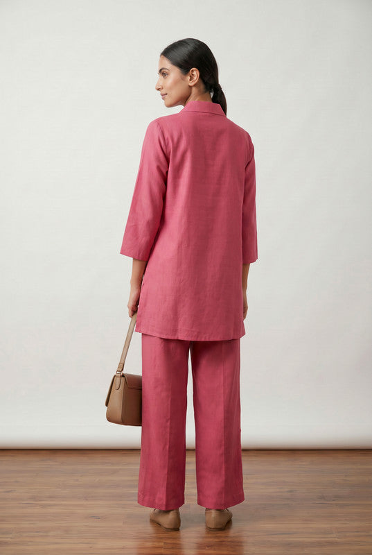 Rose Pink Leaf Embroidery Cotton Flex Co-ord Set with Straight Fit Pants