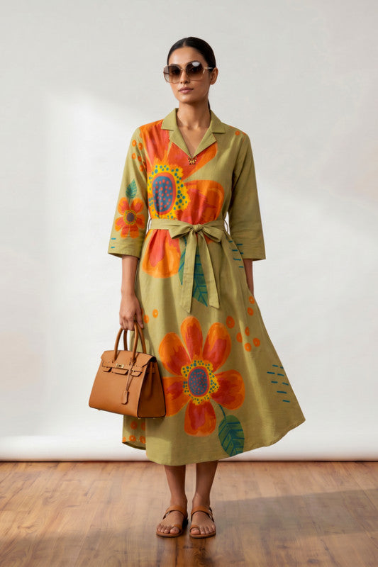 Olive Artistic Floral Printed Wrap Style Cotton Midi Dress
