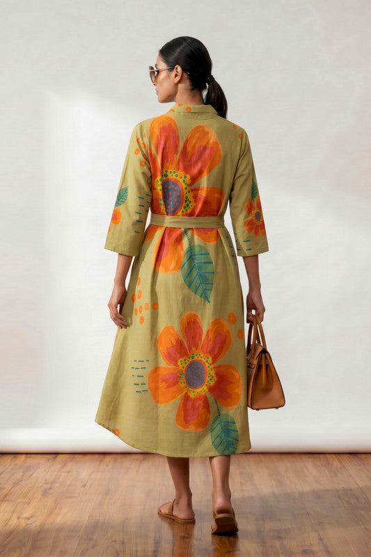 Olive Artistic Floral Printed Wrap Style Cotton Midi Dress