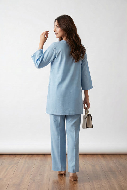 Sky Blue Solid Lace Detail V-Slit Neck Ethnic Cotton Co-ord Set for Women