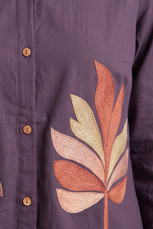 Deep Purple Abstract Leaf Embroidered Cotton Co-Ord Set