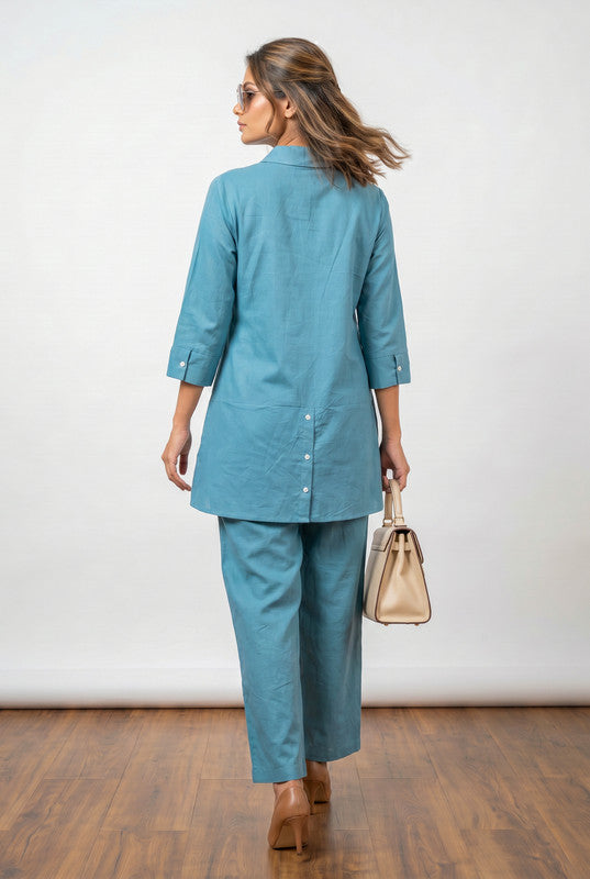 Sky Blue Nature-Inspired Leaf Embroidered Button-Down Tunic & Trouser Cotton Co-ord Set