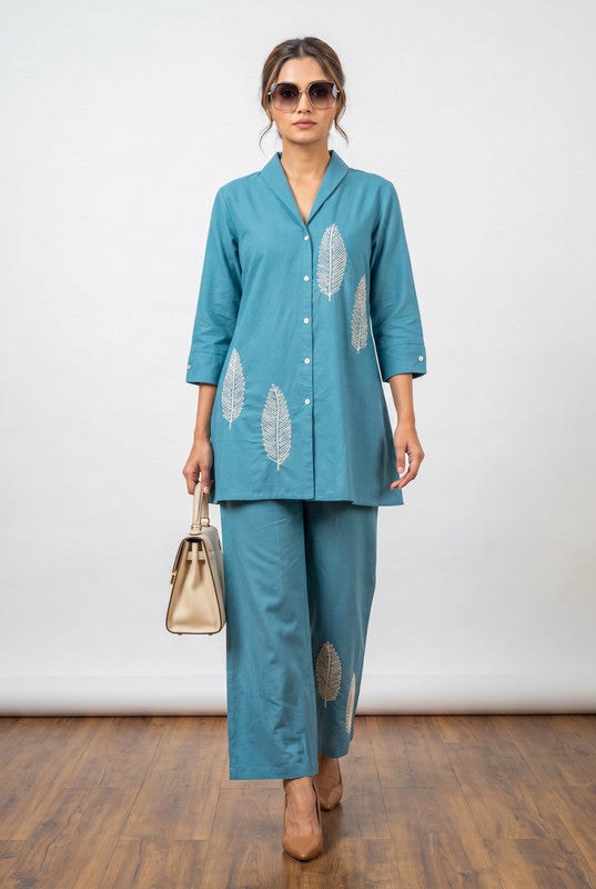 Sky Blue Nature-Inspired Leaf Embroidered Button-Down Tunic & Trouser Cotton Co-ord Set