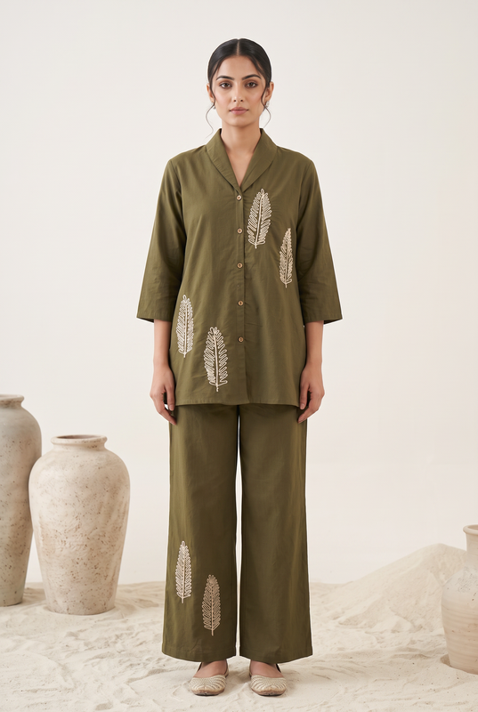 Olive Green Cotton Flex Leaf Embroidered Co-Ord Set