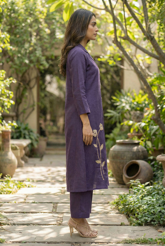 Plum Purple Floral Motif Embroidered Cotton Co-ord Set