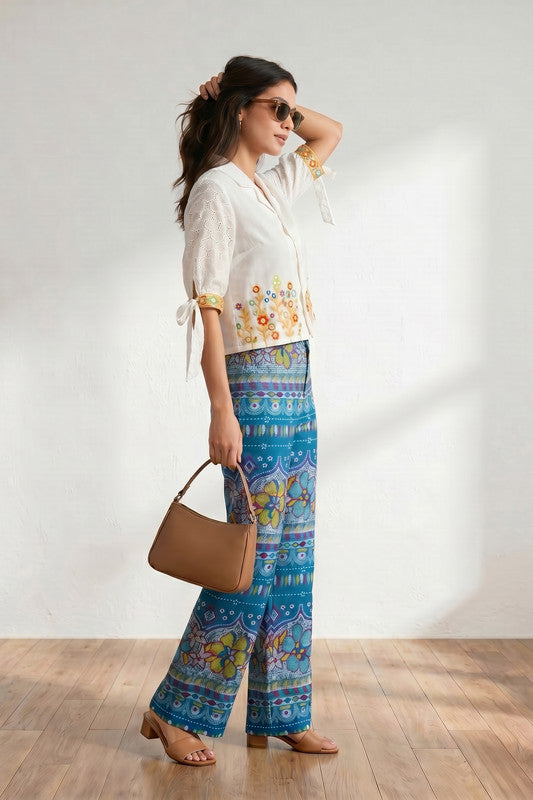 White Heritage Motif Embroidered Shirt & Blue Printed Trouser Co-ord Set