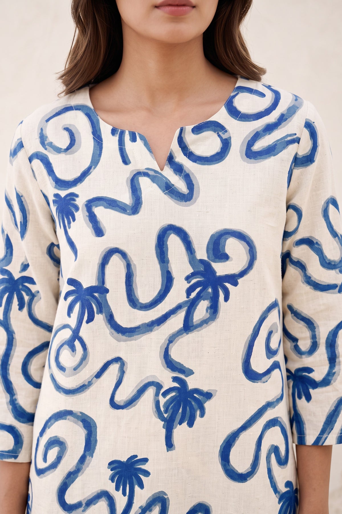 Off White Blue Wave Print Cotton Flex Co-ord Set