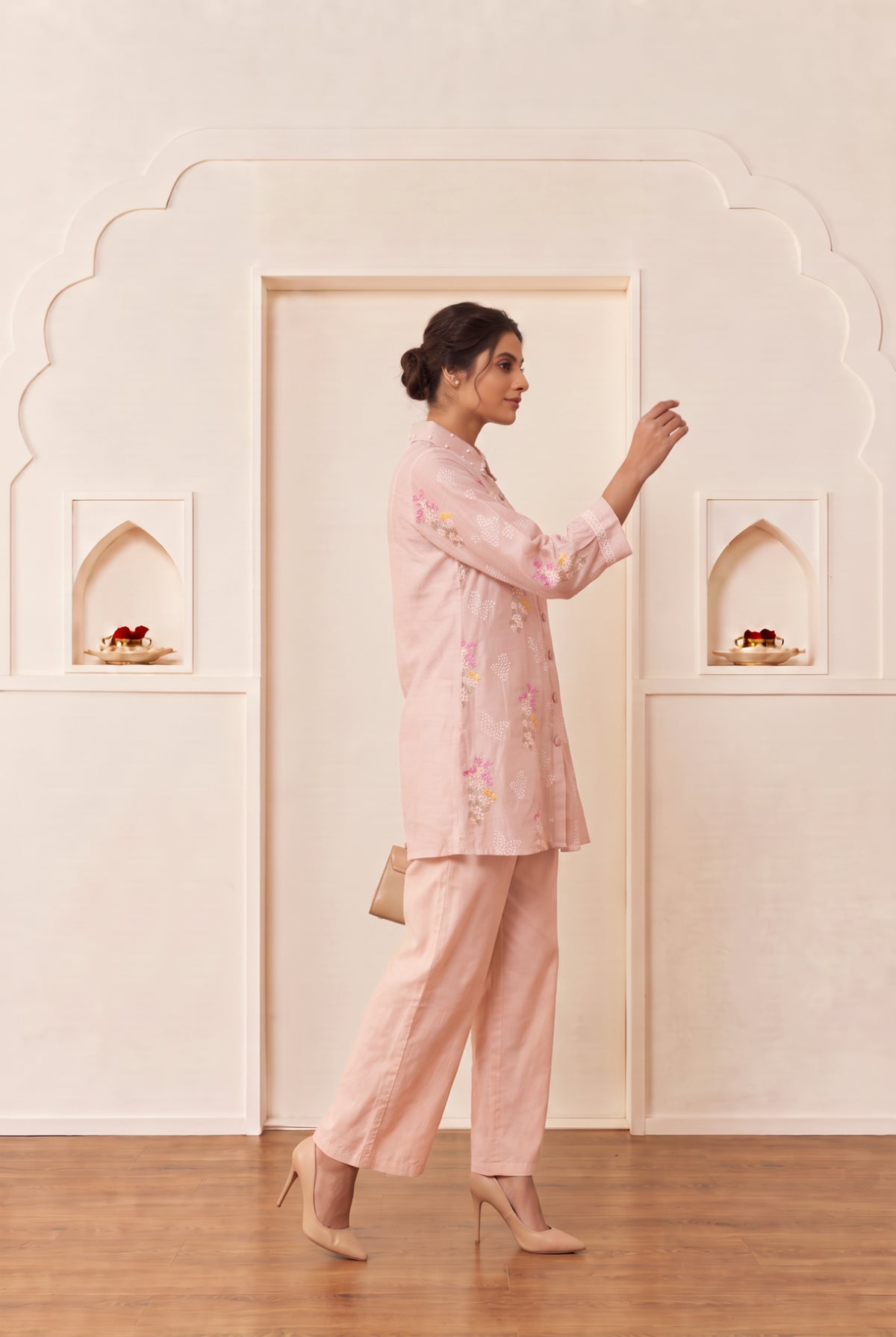 Beige Garden Floral Mul chanderi Co-Ord Set