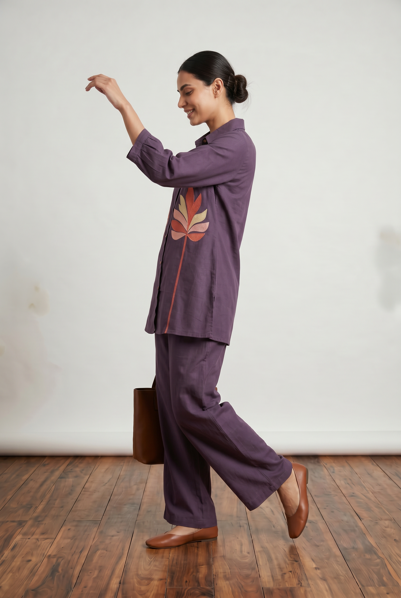 Deep Purple Abstract Leaf Embroidered Cotton Flex Co-ord Set