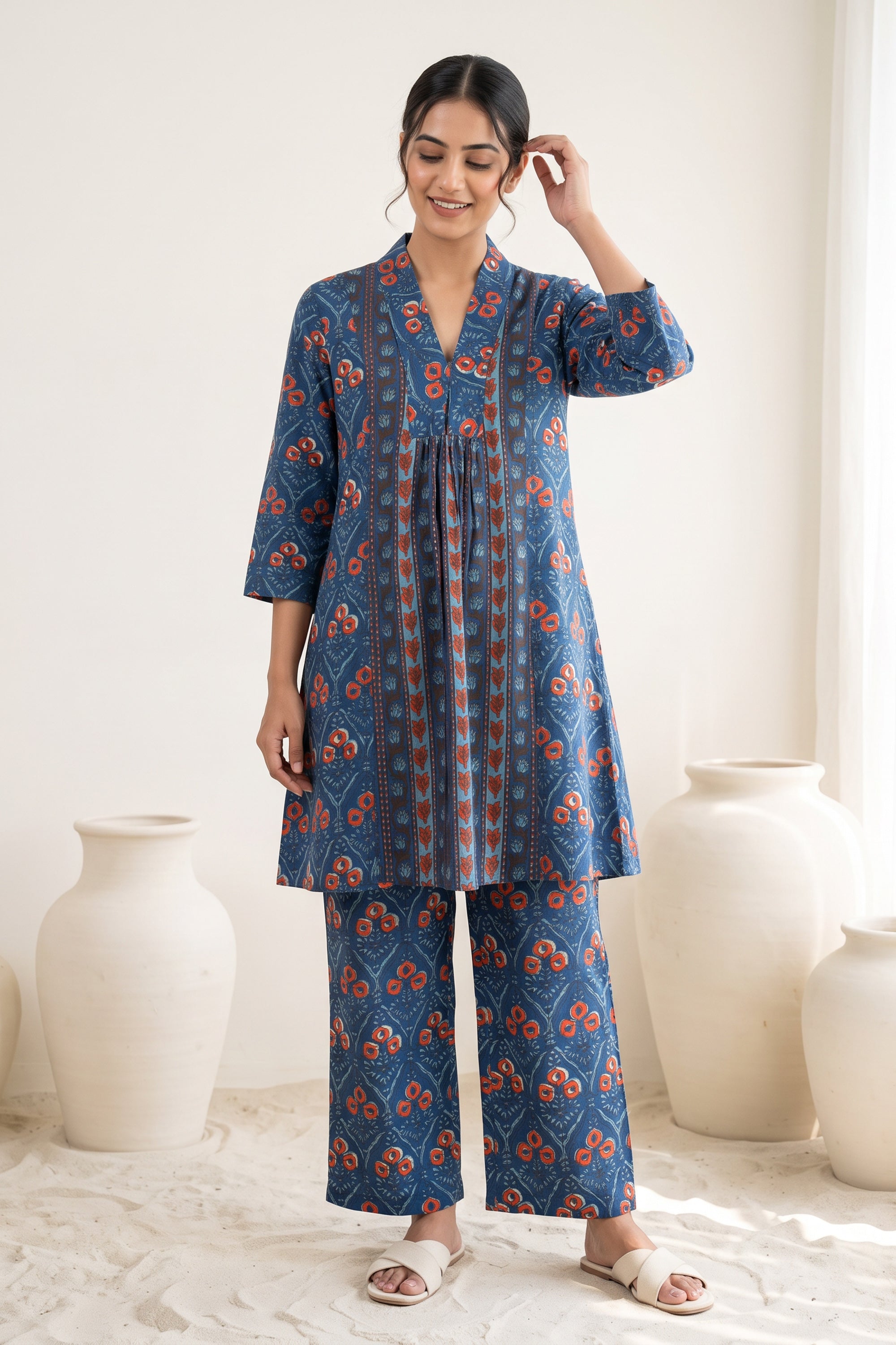 Indigo Floral Print Front Pleat Cotton Co-ord Set