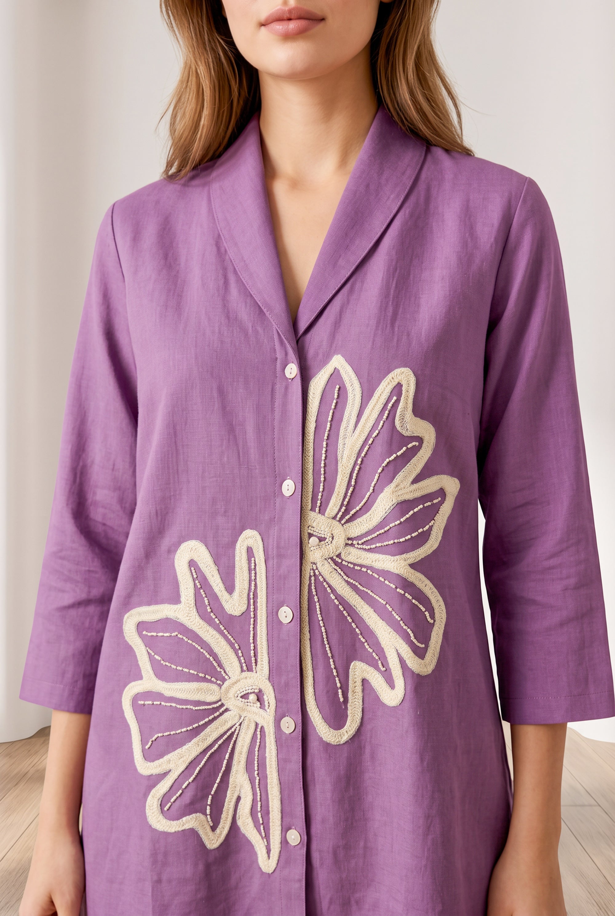 Purple Floral Embroidered Shirt Style Cotton flex Co-Ord Set