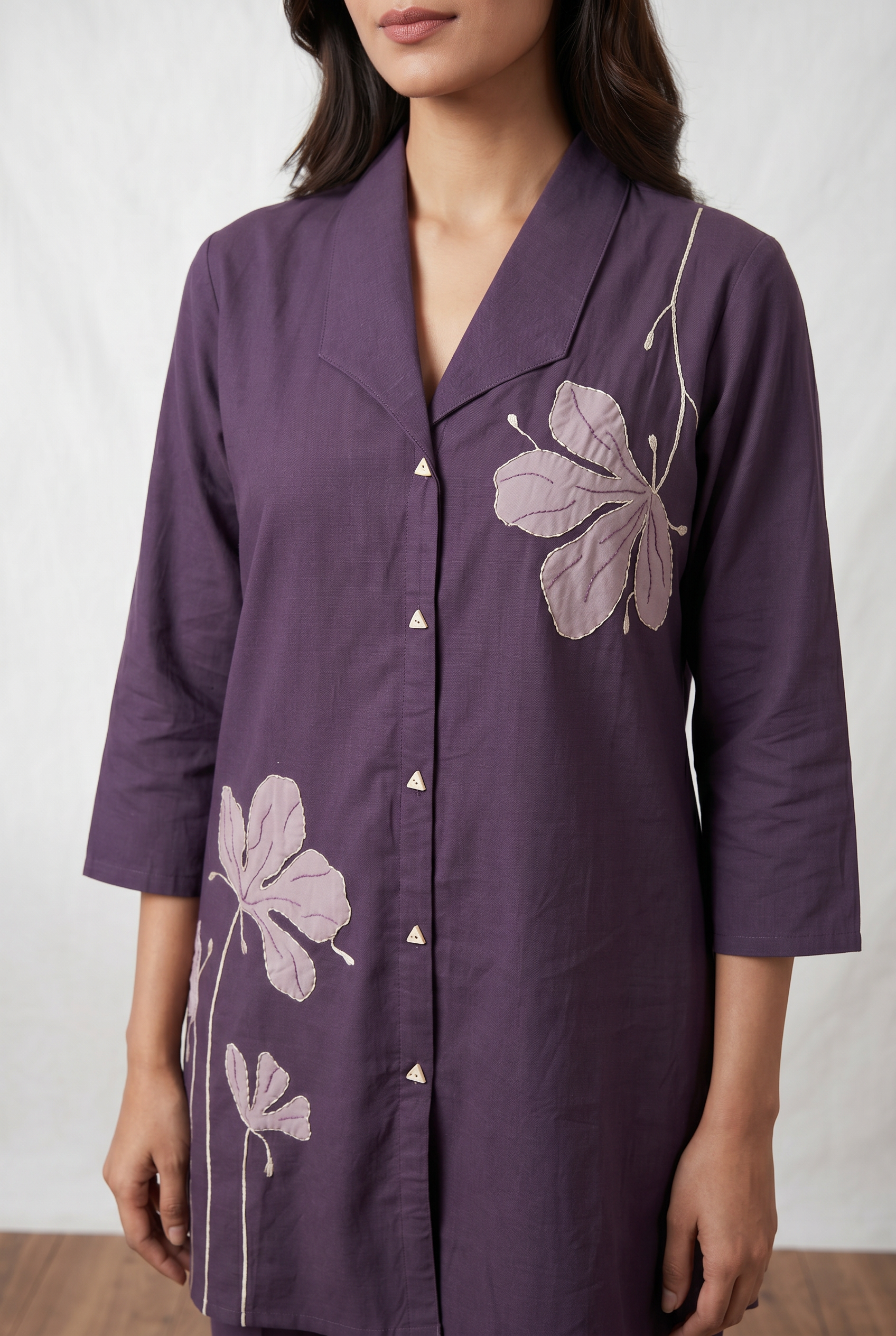 Purple Floral Applique Cotton Flex Co-Ord Set