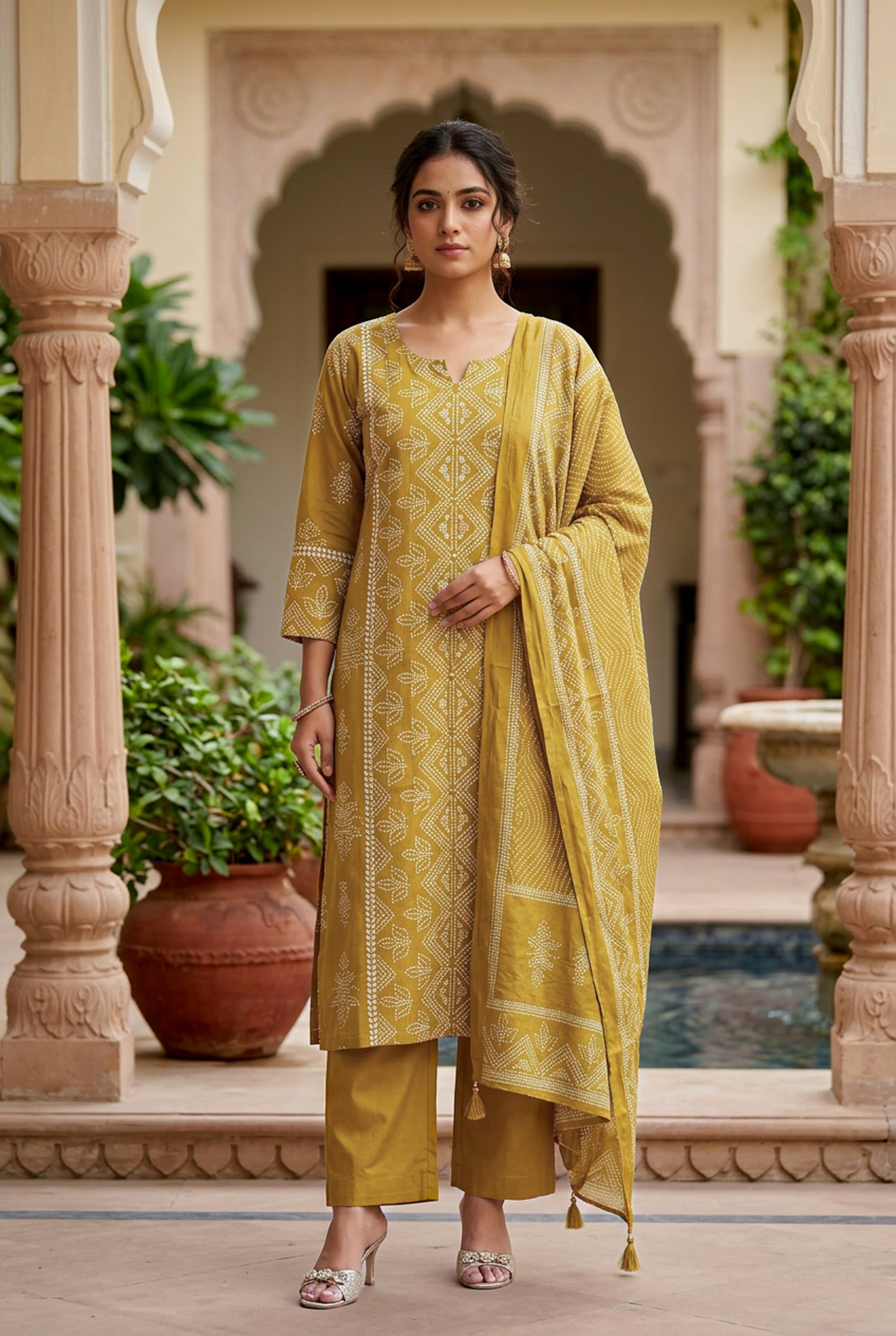 Golden Mustard Ochre Traditional Motif Printed Cotton Kurta Set with Dupatta