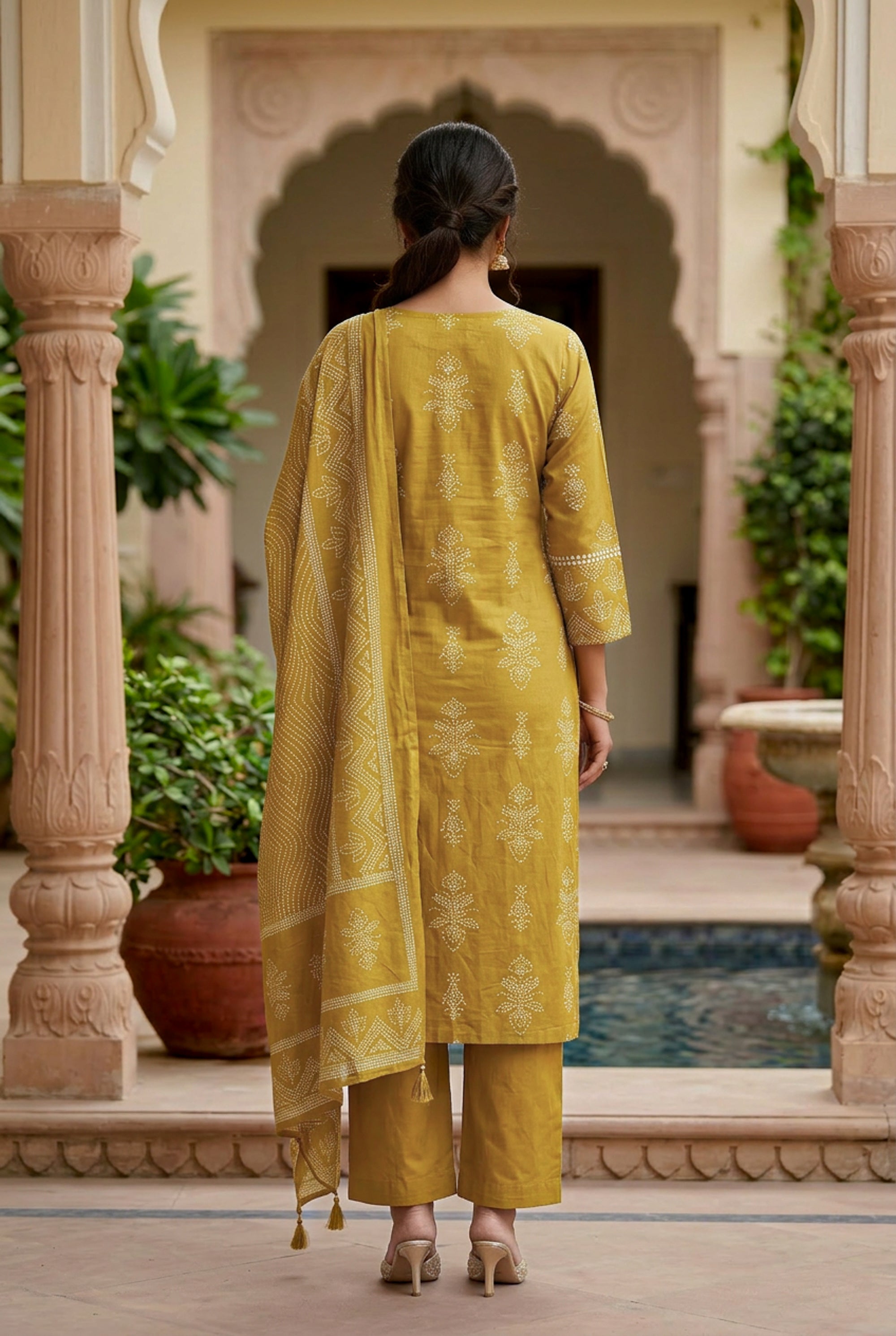 Golden Mustard Ochre Traditional Motif Printed Cotton Kurta Set with Dupatta
