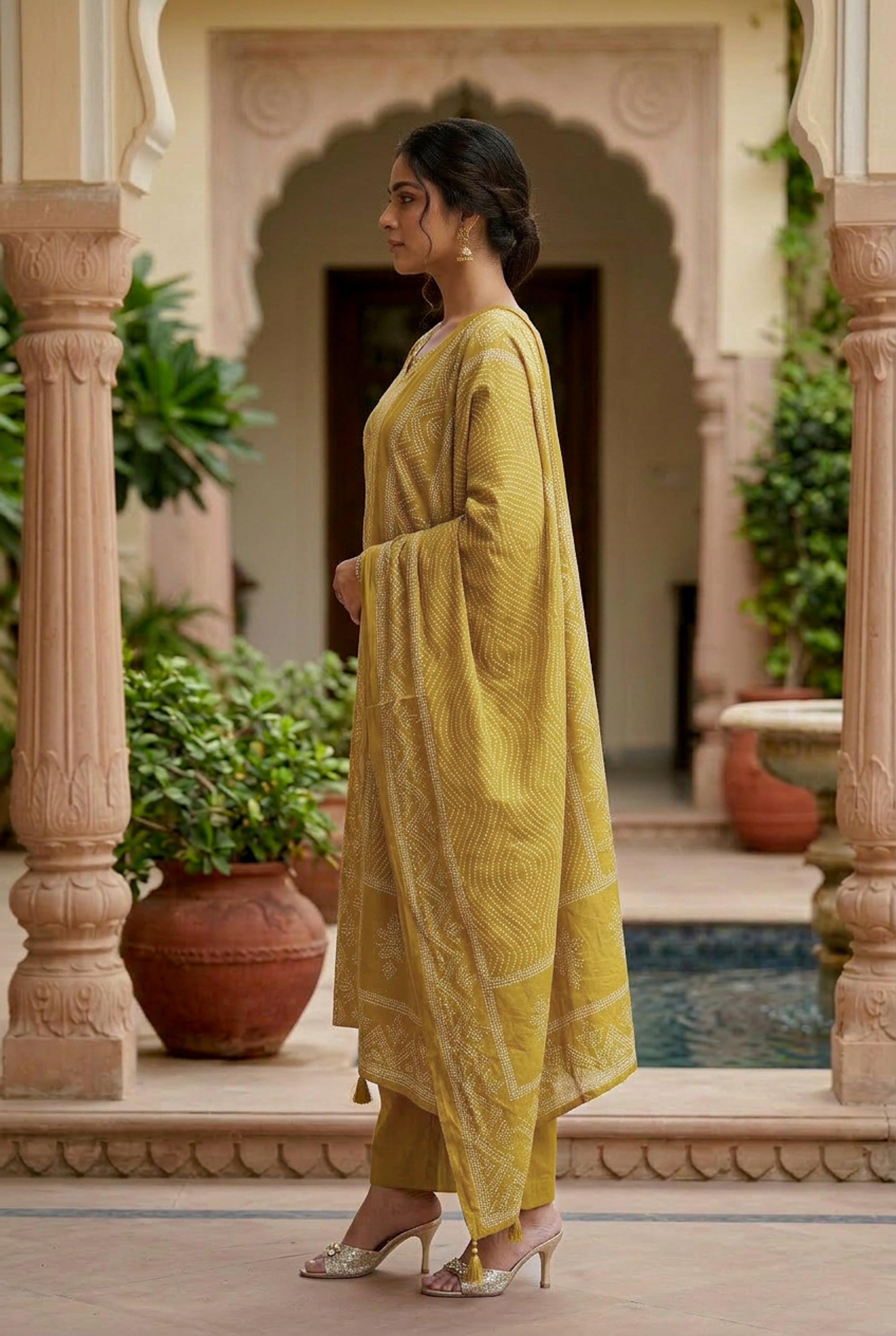 Golden Mustard Ochre Traditional Motif Printed Cotton Kurta Set with Dupatta