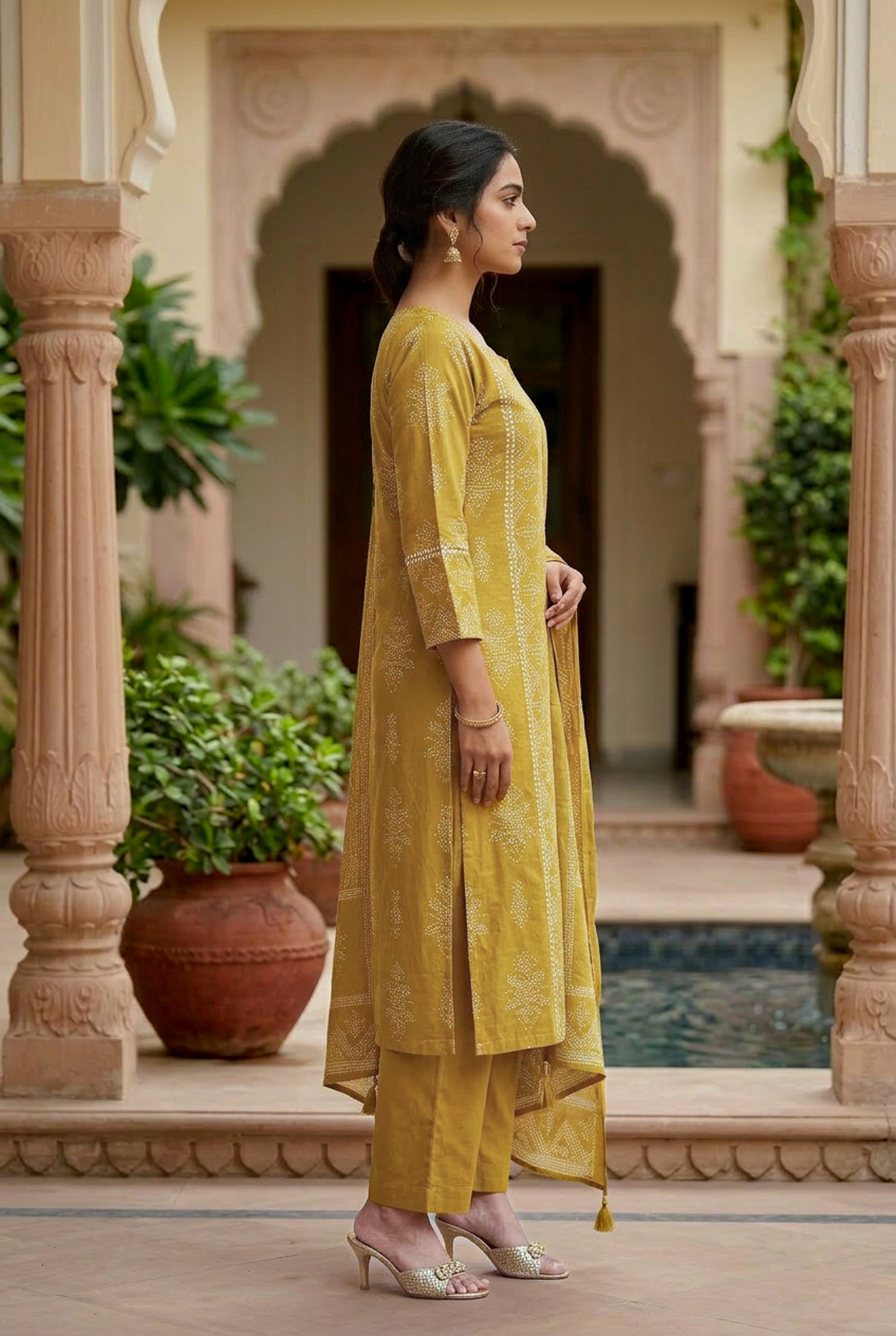 Golden Mustard Ochre Traditional Motif Printed Cotton Kurta Set with Dupatta