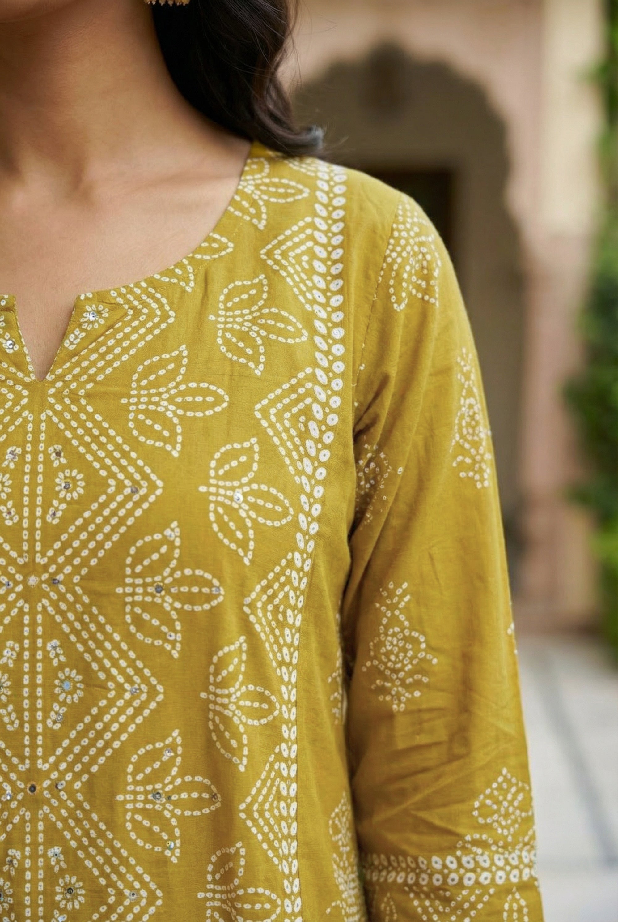 Golden Mustard Ochre Traditional Motif Printed Cotton Kurta Set with Dupatta